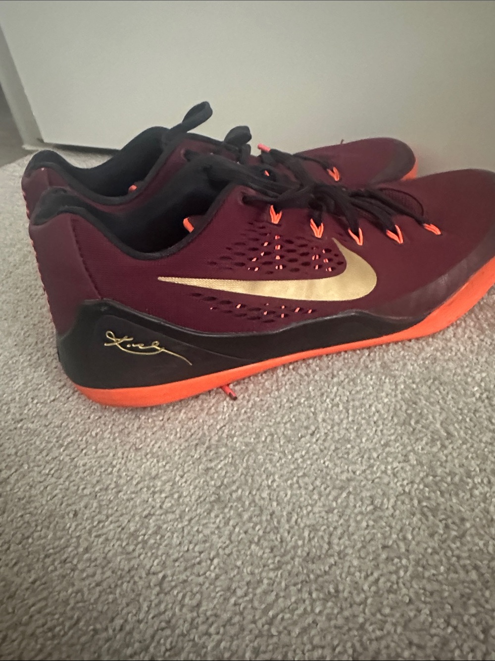 Nike Kobe Maroon and Orange Basketball Sneakers with Gold Swoosh